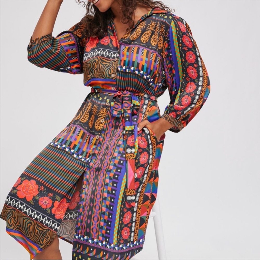 FARM RIO Cielo Midi Belted Shirtdress w/ Puffed Sleeve Size XS